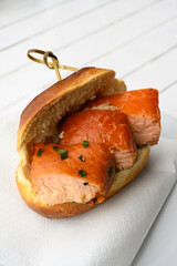 Fischbroetchen Fish Roll or Sandwich with Stremellachs Traditional Hot Smoked Salmon in Hamburg, Germany