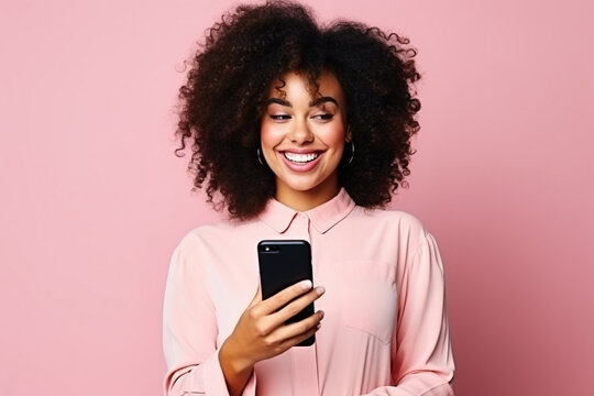 Black woman with phone on studio background . AI Generated