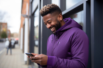 man with phone on purple background. AI Generated