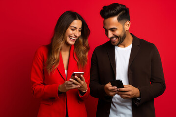 woman and man with phone on red background. AI Generated