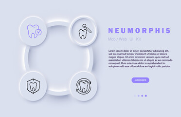 Dental treatment line icon. Caries, enamel, dentist, veneers, bleaching, inflamed roots. Neomorphism steyle. Vector line icon