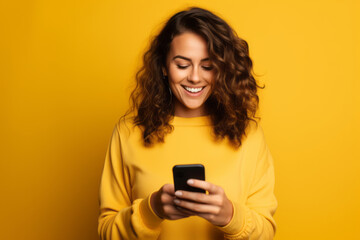 Fototapeta woman with phone on yellow background . AI Generated obraz