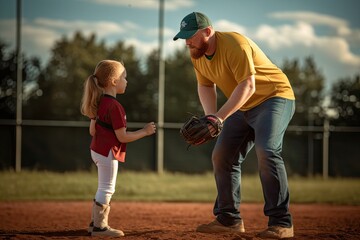 Obraz premium Father and Daughter work hard at Baseball Coaching on Sunny Day. Photo generative AI
