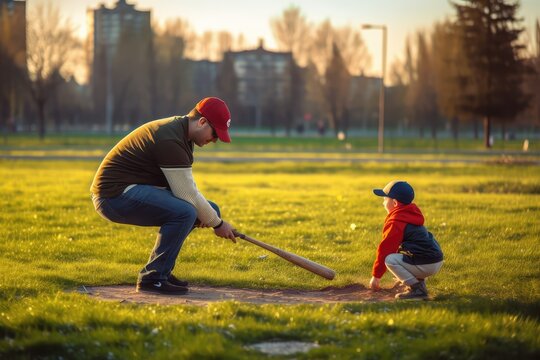 Father and Son Play Baseball at Park. Photo generative AI