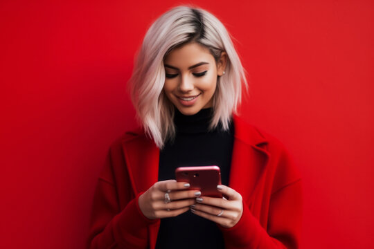 woman with phone on red background. AI Generated