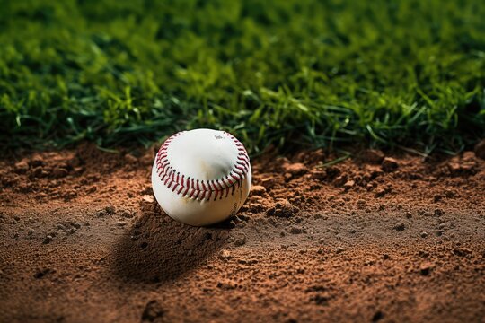 Viewing a White Baseball in Dirt on Grassy Track. Photo generative AI