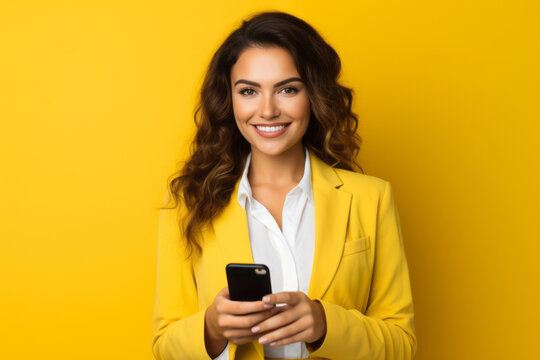 Woman With Phone On Yellow Background . AI Generated