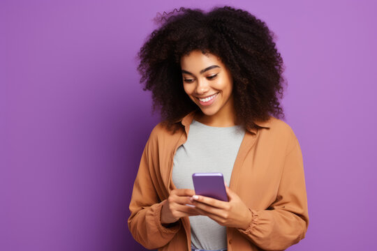 woman with phone on purple background . AI Generated