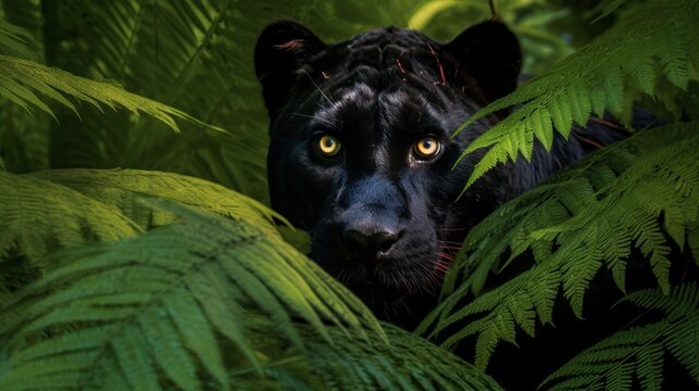 black panther crowling in a dense lush tropical jungles, ai tools generated image