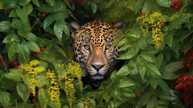 wild jaguar crowling in a dense lush tropical jungles, ai tools generated image