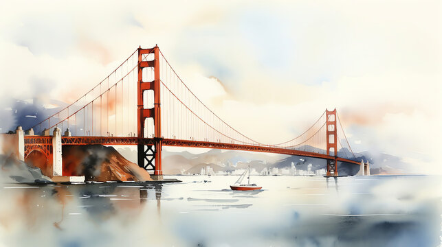 Generative AI : Watercolour, Golden Gate Bridge, San Francisco, California, Cityscape, Illustration, Artistic, Landmark, Architecture, Watercolor, Skyline, Bay Area, Urban, City, Painting, Aesthetic, 