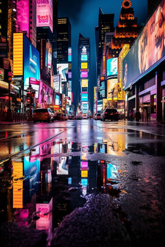 A Blank Billboard Stands Out In The Colorful Vibrancy Of Times Square New York, Waiting For A Message To Light Up The Night