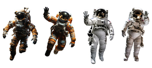 collection of astronaut flying in outer space. Spacemen  isolated on transparent background - obrazy, fototapety, plakaty