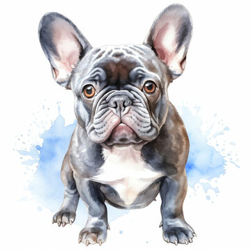 Generative AI : Adorable Watercolor French Bulldog: Cute Baby on White
