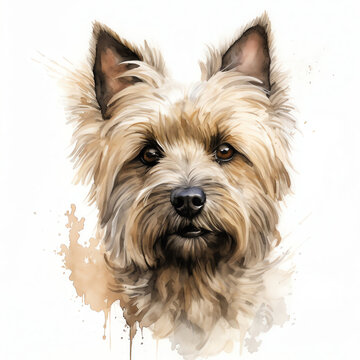 Generative AI : Adorable Watercolor Cairn Terrier on White