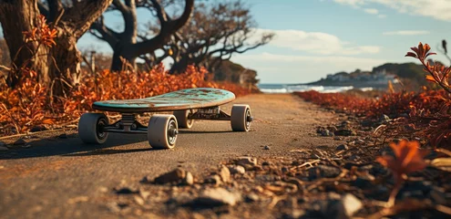 Fotobehang A skateboard riding on the road. Generative AI © Alex