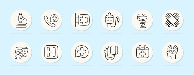 Treatment line icon. Band-aid, medical record, microscope, ambulance call, band-aid, blood transfusion. Pastel color background. Vector line icon