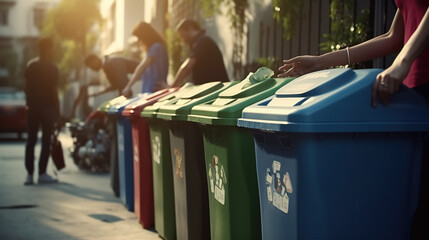 Recycling: Showcasing images of recycling bins and people separating recyclable materials from their waste. Recycling reduces waste, conserves resources