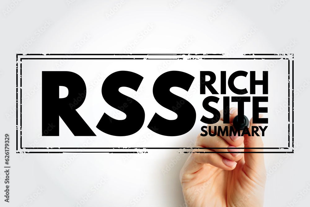 Poster RSS Rich Site Summary - web feed that allows users and applications to access updates to websites in a standardized, computer-readable format, acronym text stamp concept background