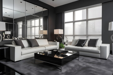 Naklejka na ściany i meble Contemporary living room with a monochromatic color scheme, large glass panels, and sleek furniture. Generative AI