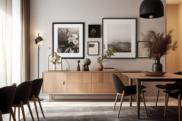 Elegant dining room with an empty wall and a sleek sideboard displaying a few curated art pieces. Generative AI