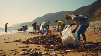 Beach Cleanup: Images of volunteers cleaning up beaches and coastal areas to protect marine ecosystems and wildlife - obrazy, fototapety, plakaty