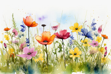 Watercolor painting. Beautiful wild flower field in countryside. Generative AI image.