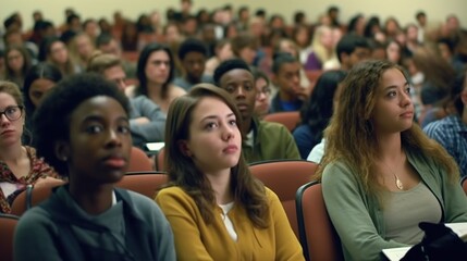Obraz premium Focused motivated young guys and girls of different nationalities listening to lecture in university auditorium. Generative AI