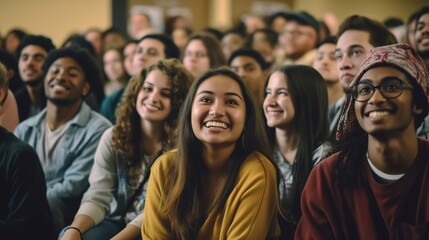 Focused motivated young guys and girls of different nationalities listening to lecture in university auditorium. Generative AI