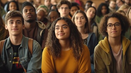 Focused motivated young guys and girls of different nationalities listening to lecture in university auditorium. Generative AI