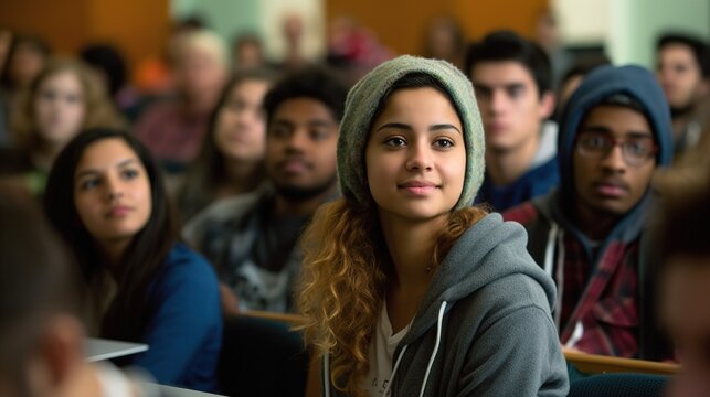 Focused motivated young guys and girls of different nationalities listening to lecture in university auditorium. Generative AI