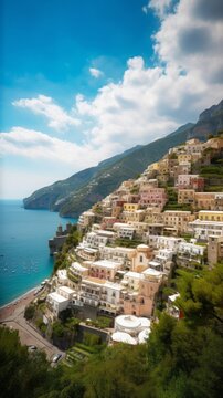Positano town and Amalfi Coast in Italy, Generative AI