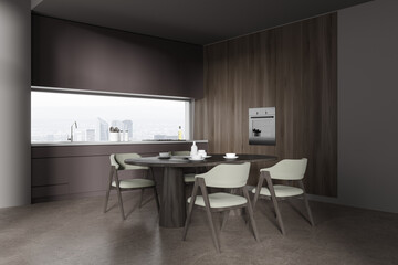 Gray and wooden kitchen corner with dining table