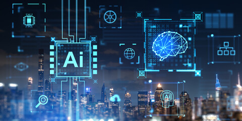 New York skyline, AI brain hologram and futuristic technologies with icons
