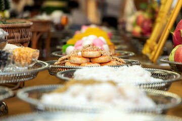 Chinese pastry bun, moon cake or in tray of the ritual table to be used in asia celebrations or new year ceremony.