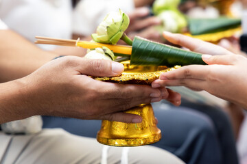 Hand holding gold tray with cone craft lotus flower revered to senior people and ask for blessing in the teachers' day observation. 