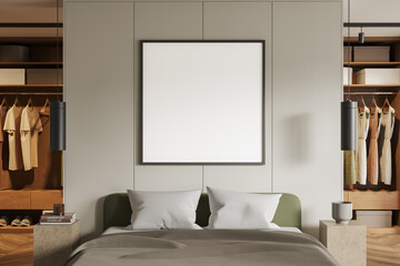 Beige bedroom interior with sleeping zone and wardrobe. Mockup frame