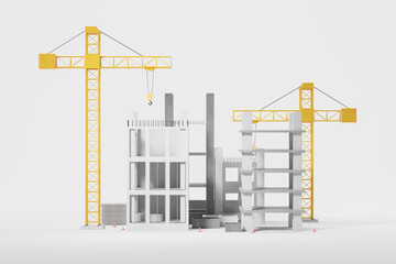 Concrete building under construction with cranes, grey background