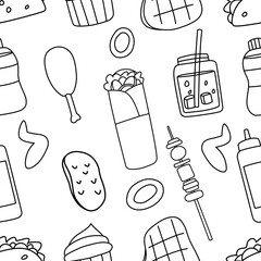 Food and drink pattern seamless background in outline style.
