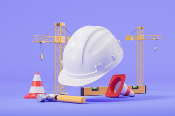 Crane and construction tools with hard hat, works and safety