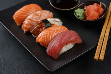 Japanese traditional Cuisine - Set of Nigiri sushi topped with  sake(Salmon), Maguro (Tuna), Unagi(Freshwater Eel)