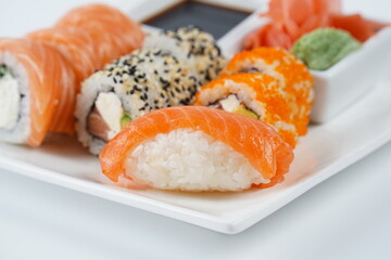 Japanese traditional Cuisine - Set of Nigiri sushi and sushi rolls