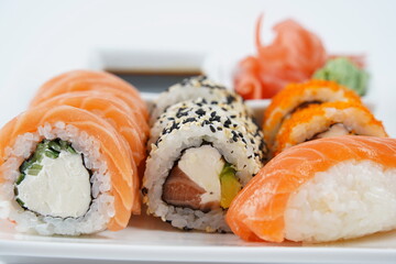 Japanese traditional Cuisine - Set of Nigiri sushi and sushi rolls
