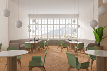 Fototapeta premium White and wooden cafe interior with round tables and sofas