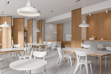 Wooden cafe interior with chairs and table in row, cooking zone with bar island