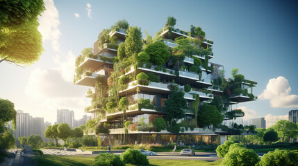 Eco-Friendly Buildings: Depicting green buildings with energy-efficient designs, renewable energy integration, and sustainable materials