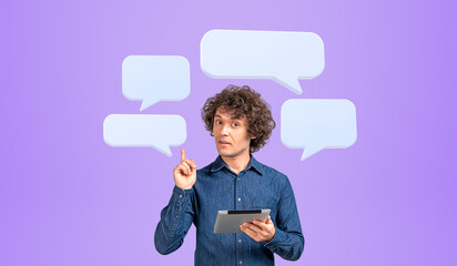 Man student with tablet and speech bubbles