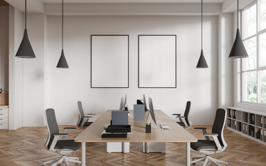 Modern workspace interior with office furniture and window. Mockup frames