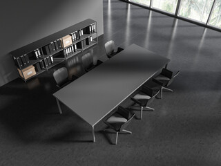 Top view of grey conference room interior with seats and table, shelf and window
