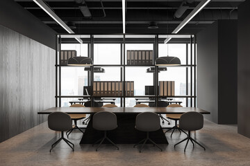 Grey business interior with desk and chairs, coworking and meeting room